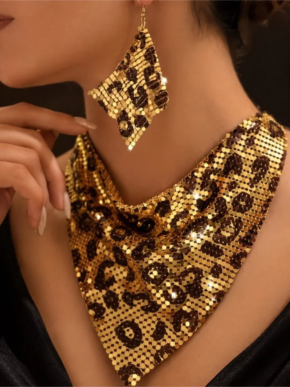 Gold and Brown Leopard Sequin Bib Necklace with Matching Earring